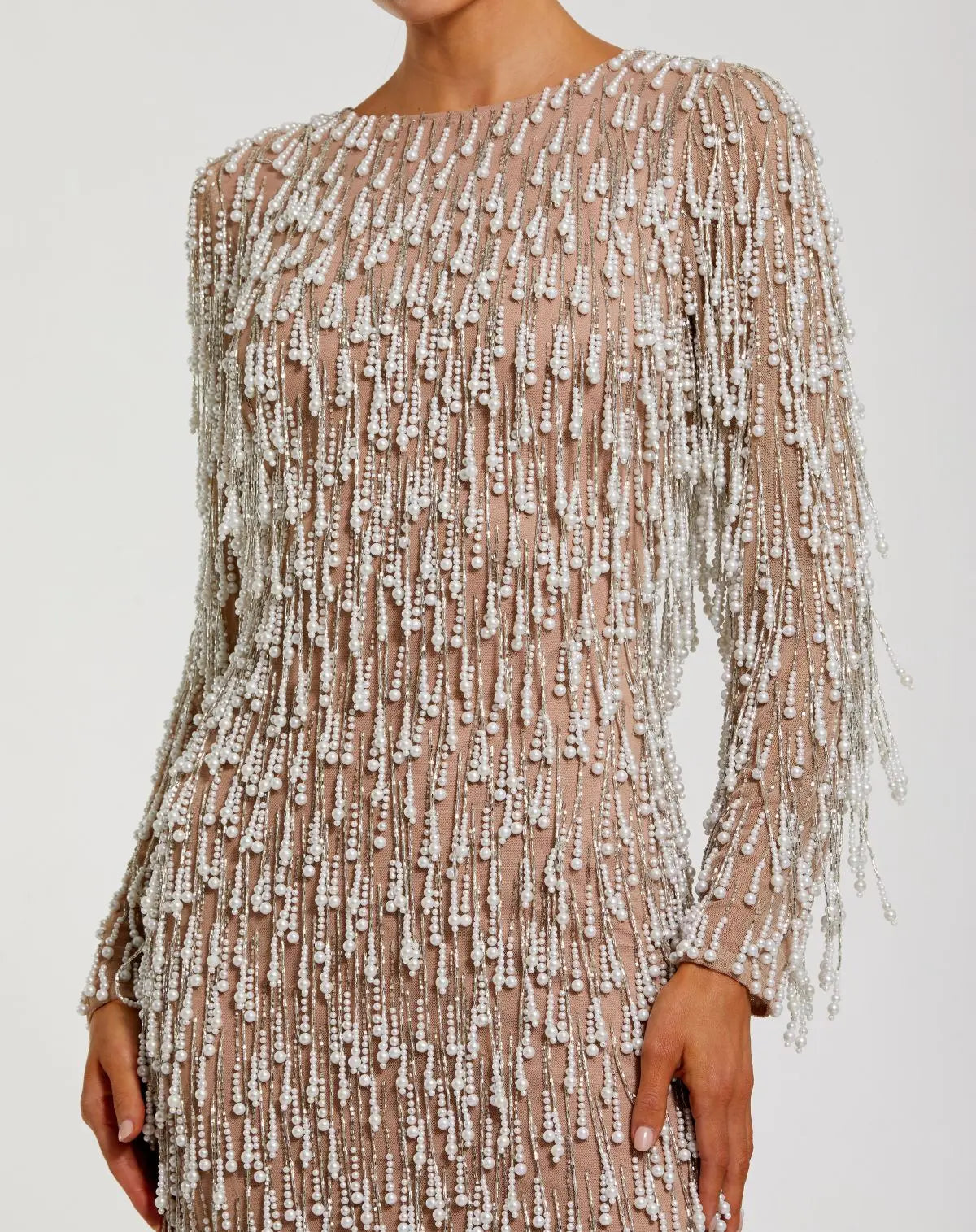 Beige Long Sleeve Midi Dress With Embellished Fringe - Image 2