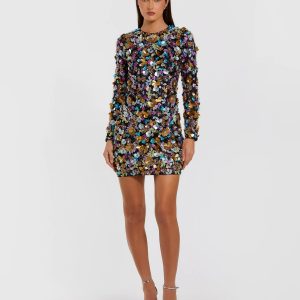 Black Long Sleeve Multicolor 3D Sequin Mini Dress