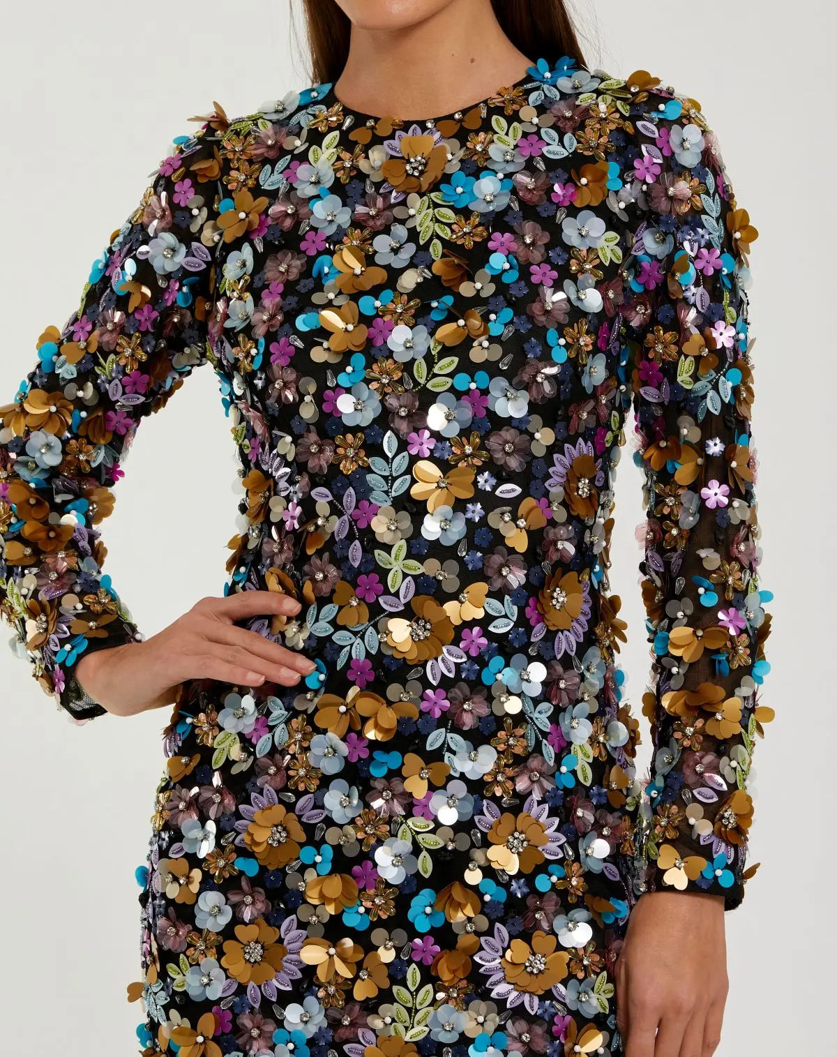 Black Long Sleeve Multicolor 3D Sequin Mini Dress - Image 2