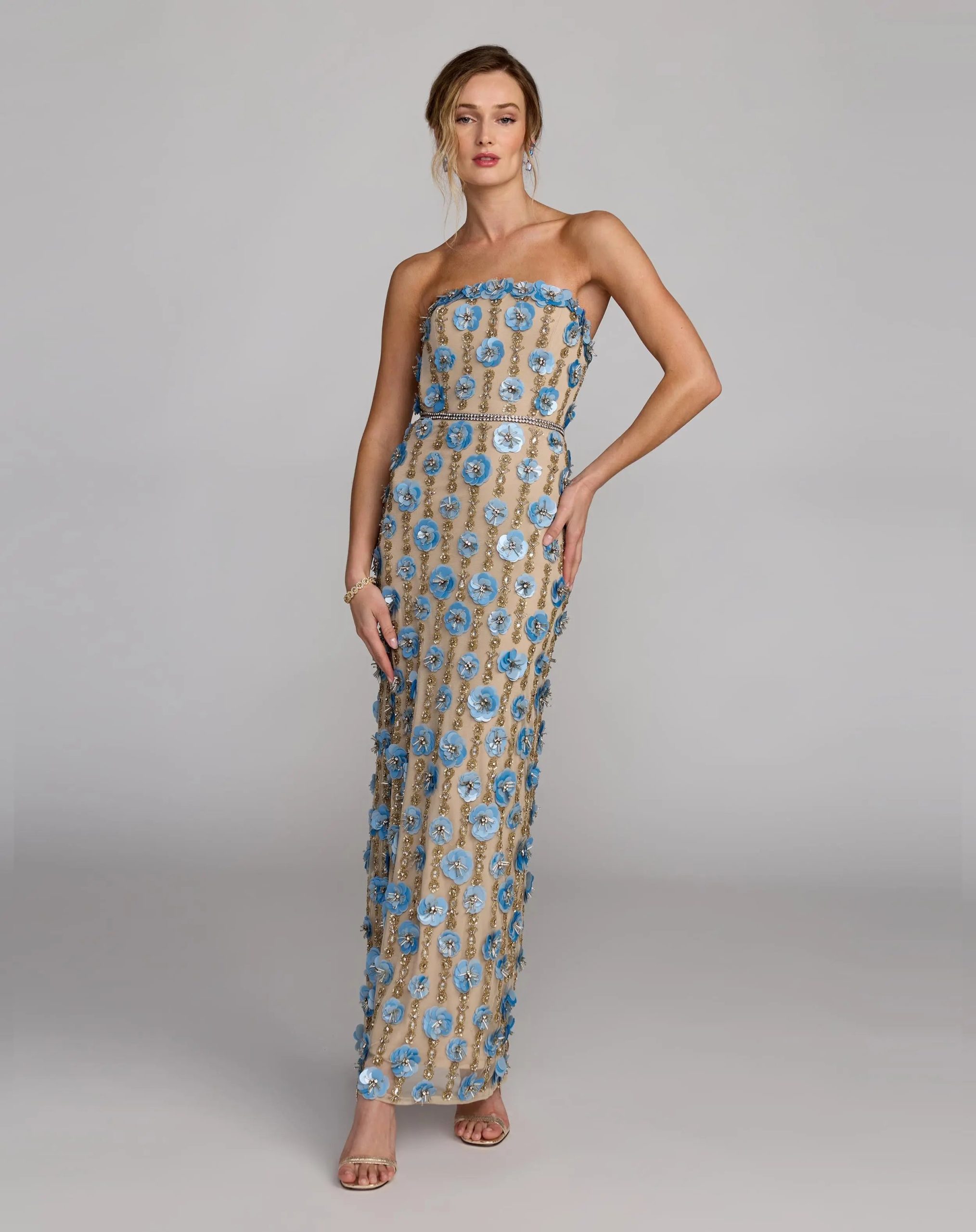 Beige Strapless 3D Floral Embellished Dress - Image 4