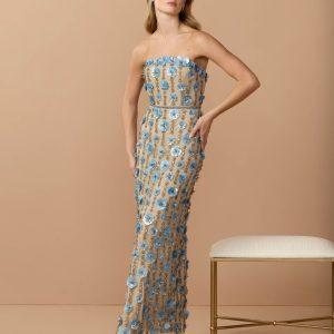 Beige Strapless 3D Floral Embellished Dress