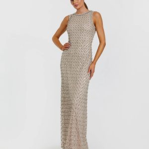 Beige Embellished High Neck Column Gown