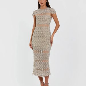 Beige Embellished Mesh Fitted Midi Dress With Sheer Panels