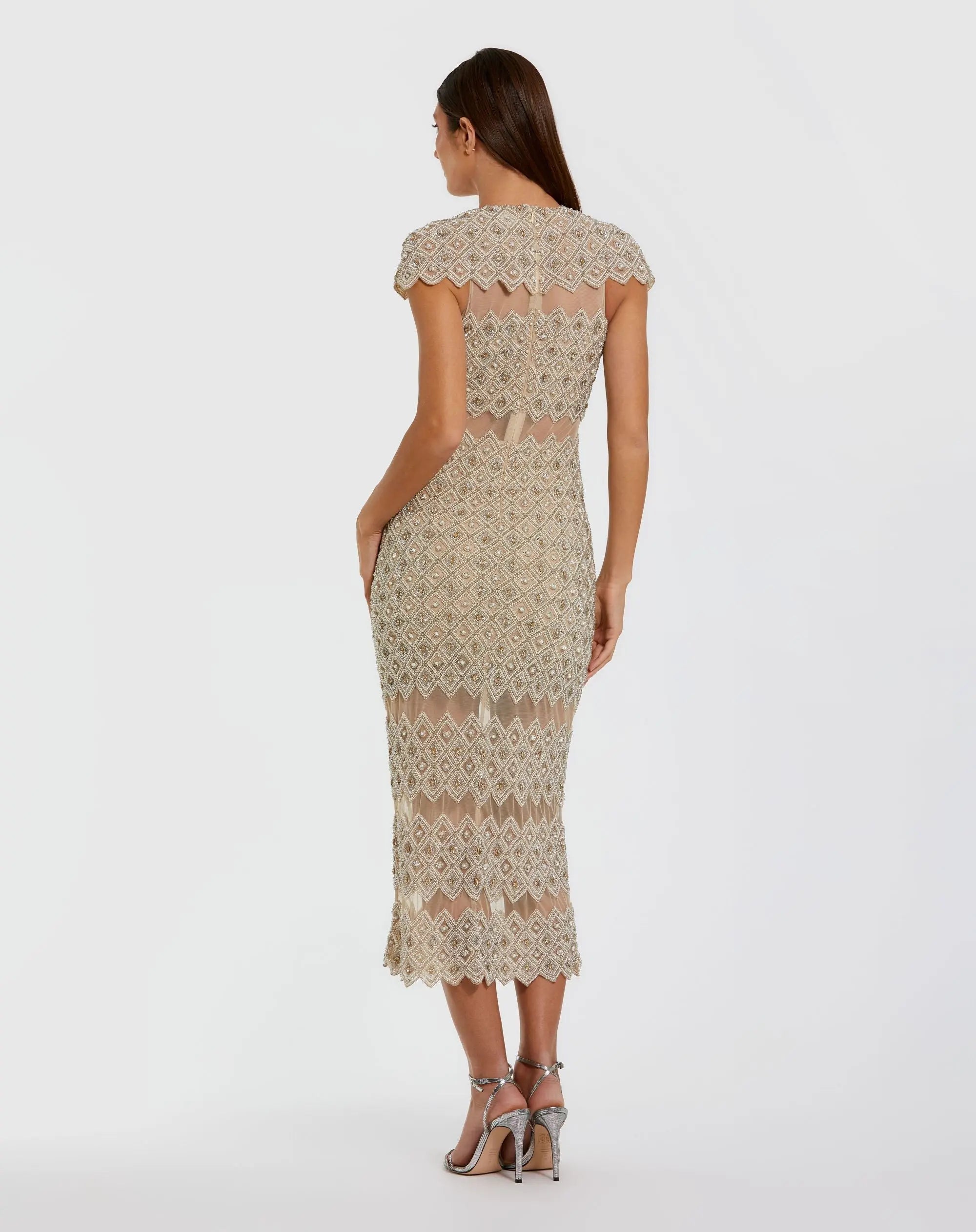 Beige Embellished Mesh Fitted Midi Dress With Sheer Panels - Image 3