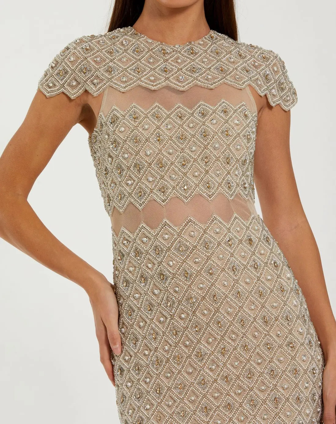 Beige Embellished Mesh Fitted Midi Dress With Sheer Panels - Image 2