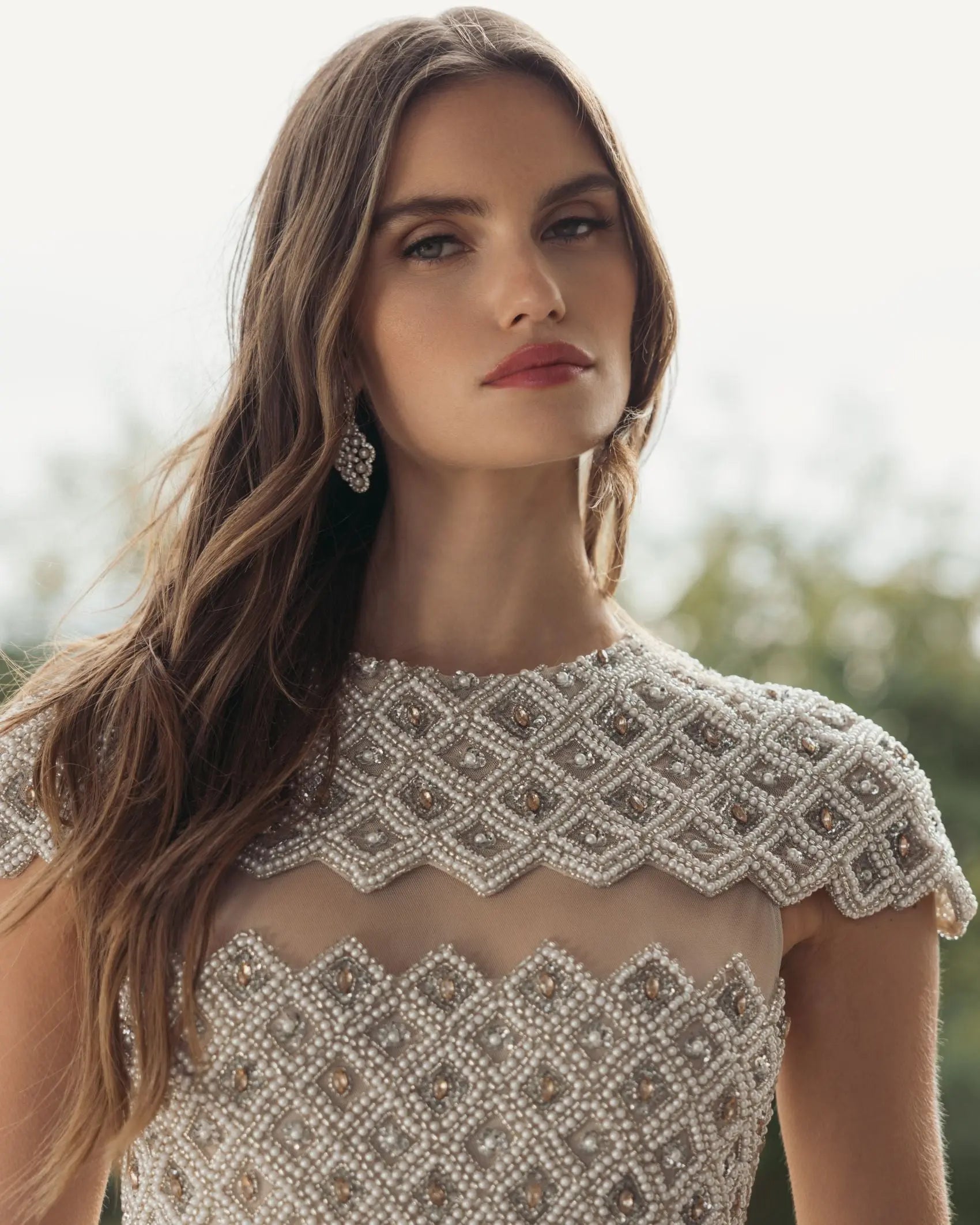 Beige Embellished Mesh Fitted Midi Dress With Sheer Panels - Image 5