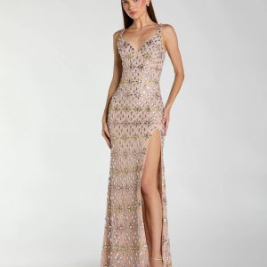 Beige Embellished V Neck Column Gown With Slit