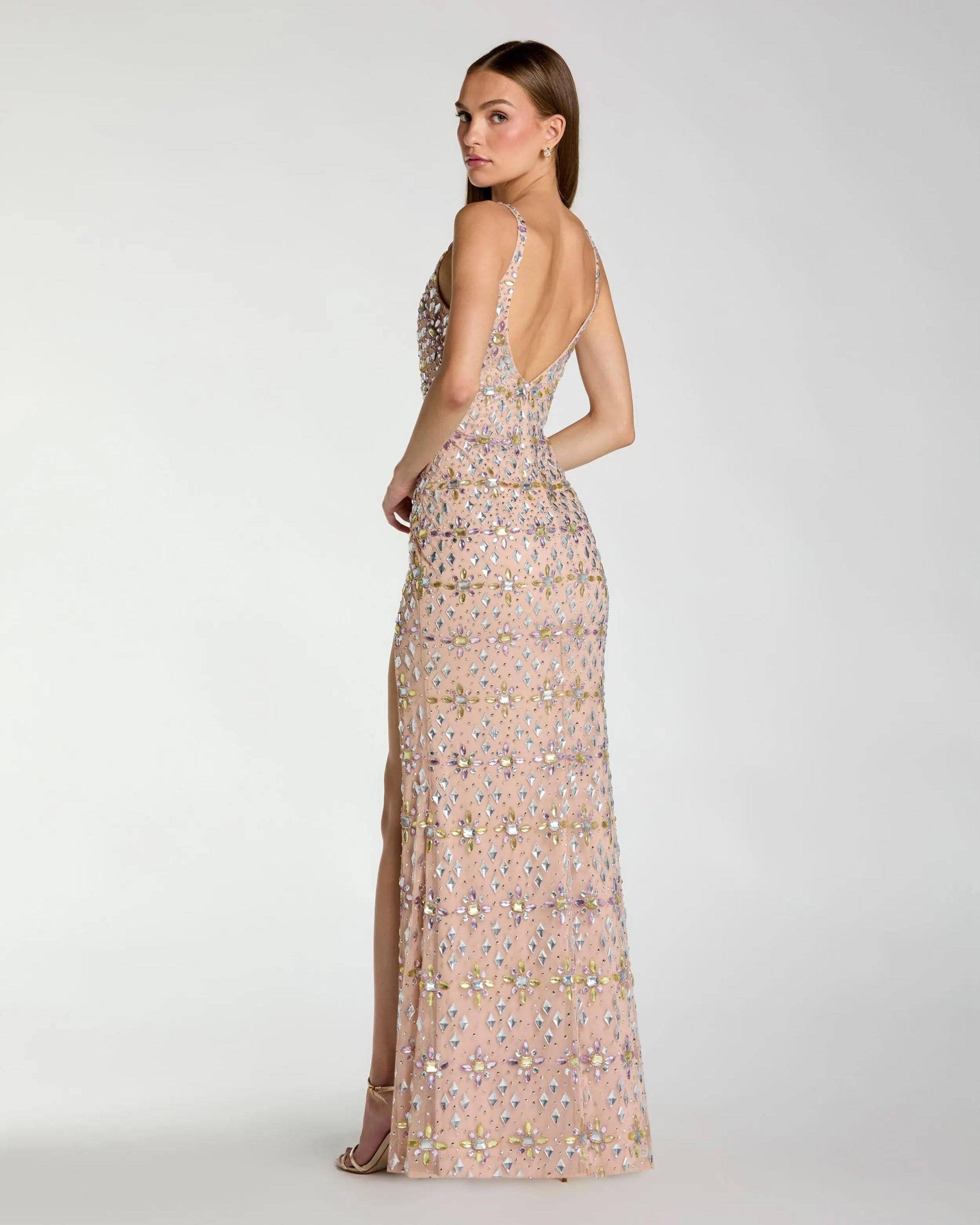 Beige Embellished V Neck Column Gown With Slit - Image 3