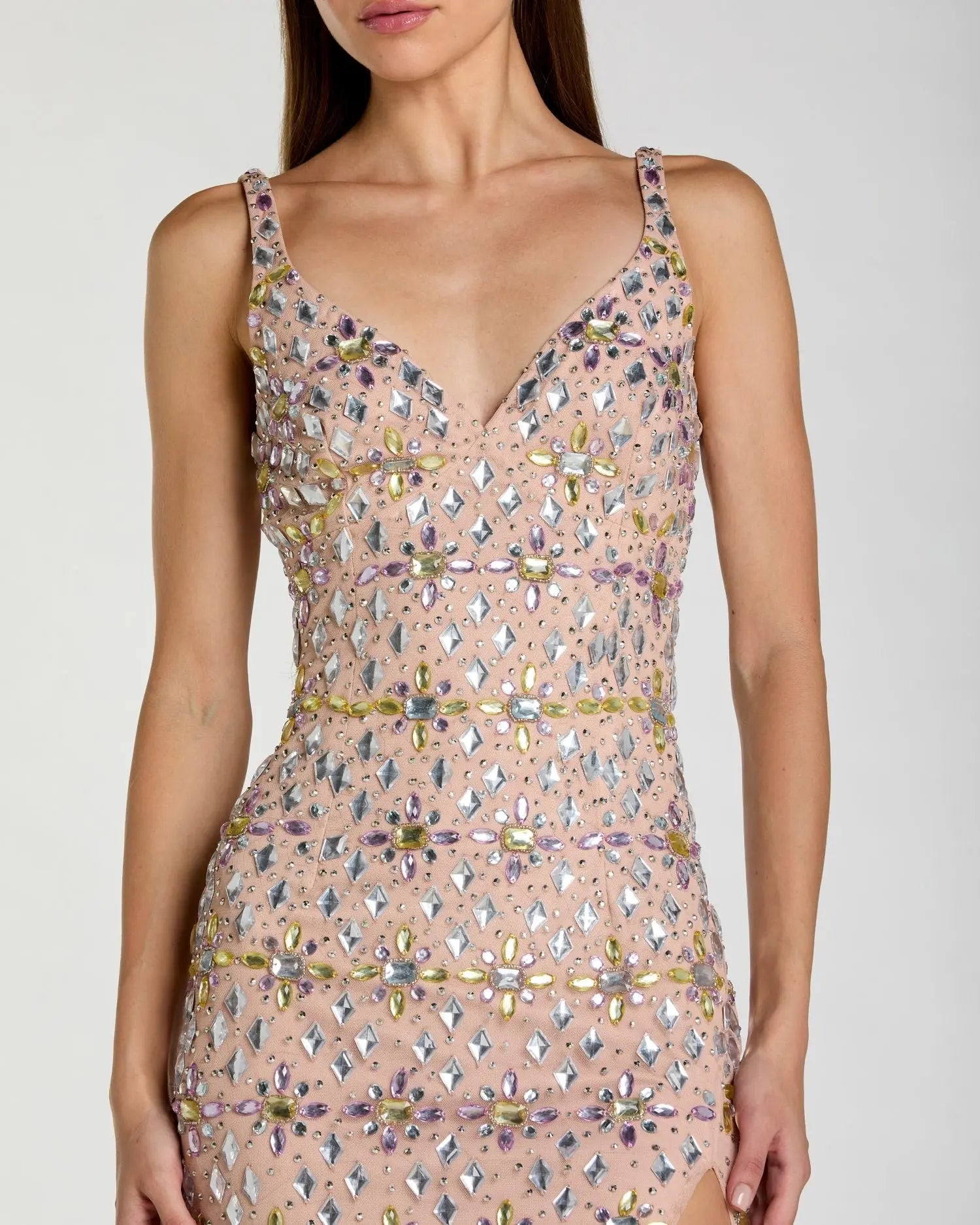 Beige Embellished V Neck Column Gown With Slit - Image 2