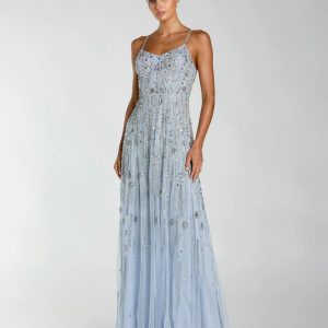 Blue Rhinestone Embellished Sweetheart Neck A-Line Gown