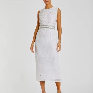 White Sleeveless High Neck Beaded Midi Sheath Dress - FINAL SALE