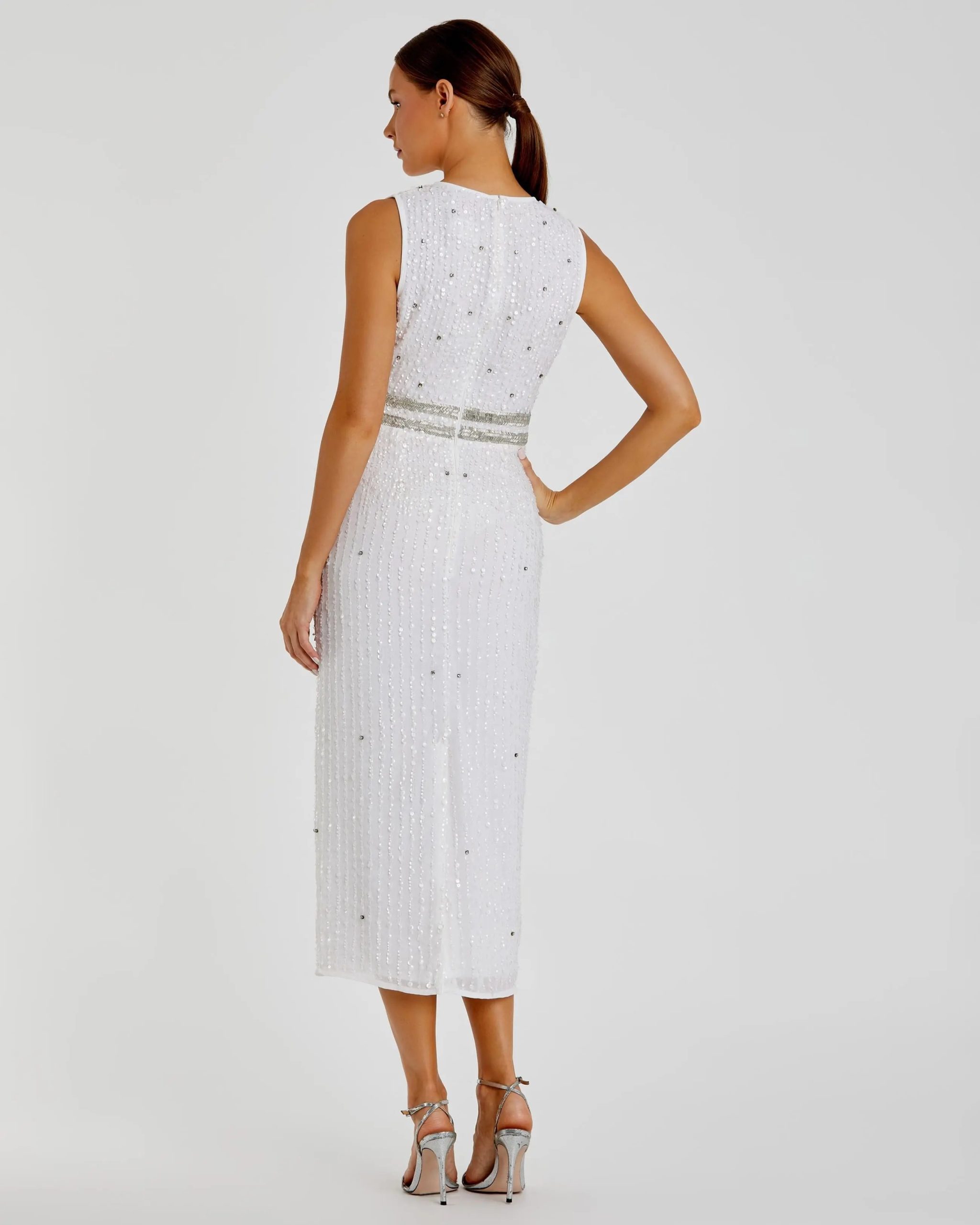 White Sleeveless High Neck Beaded Midi Sheath Dress - FINAL SALE - Image 3