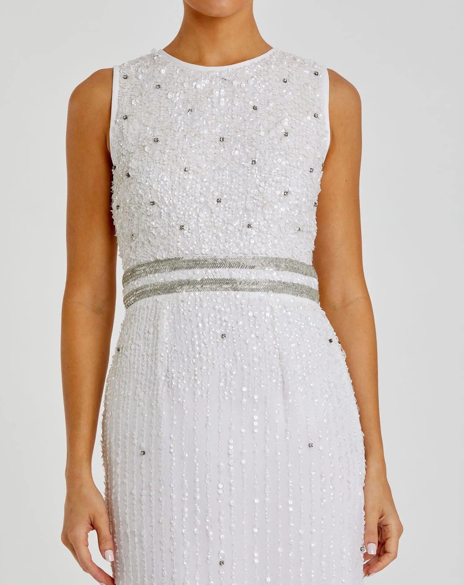 White Sleeveless High Neck Beaded Midi Sheath Dress - FINAL SALE - Image 2