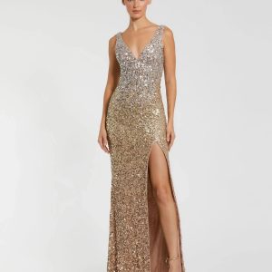 Gold Sequined Sleeveless V Neck Side Slit Gown