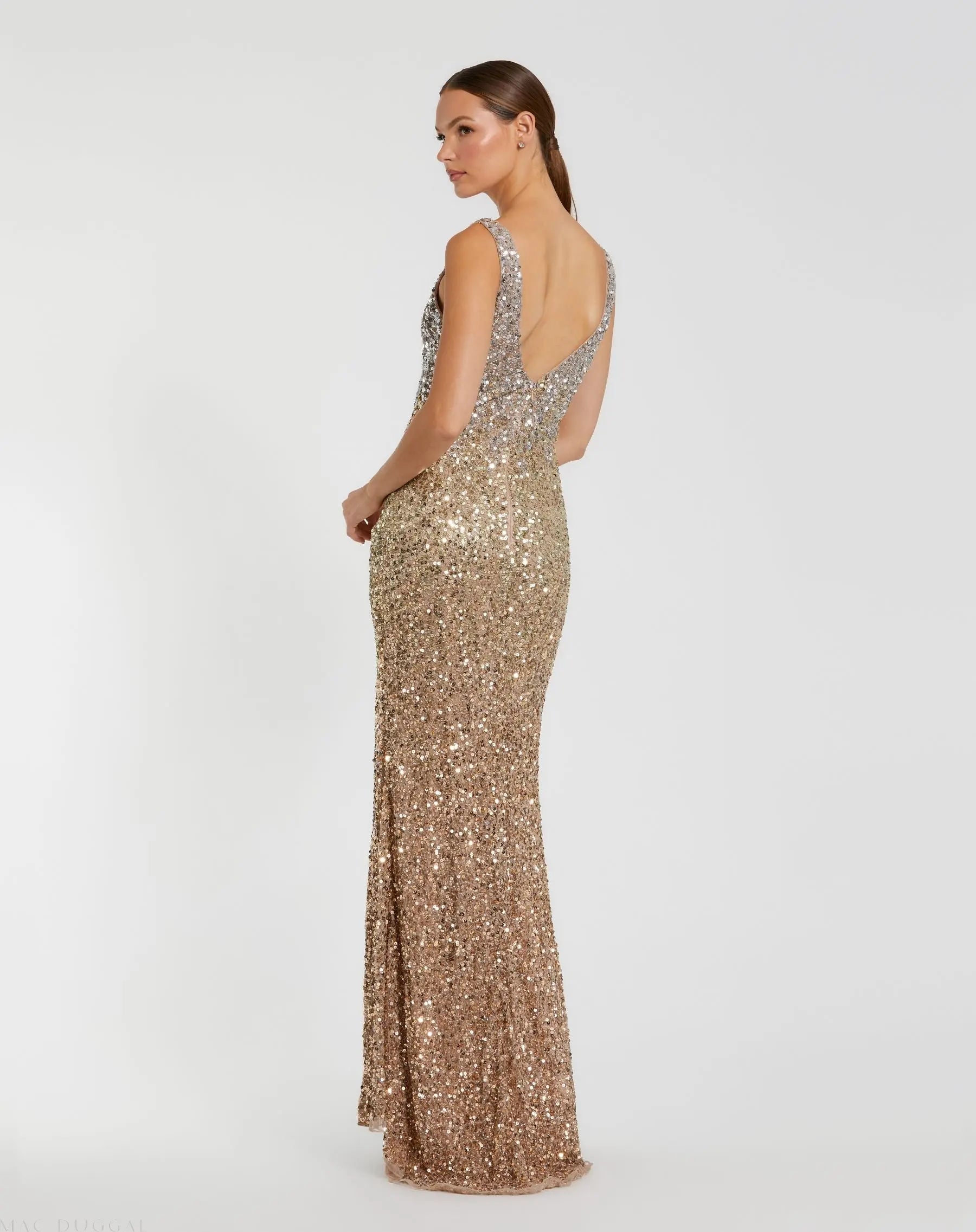 Gold Sequined Sleeveless V Neck Side Slit Gown - Image 3
