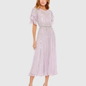 Purple High Neck Embellished Flutter Sleeve Midi Dress