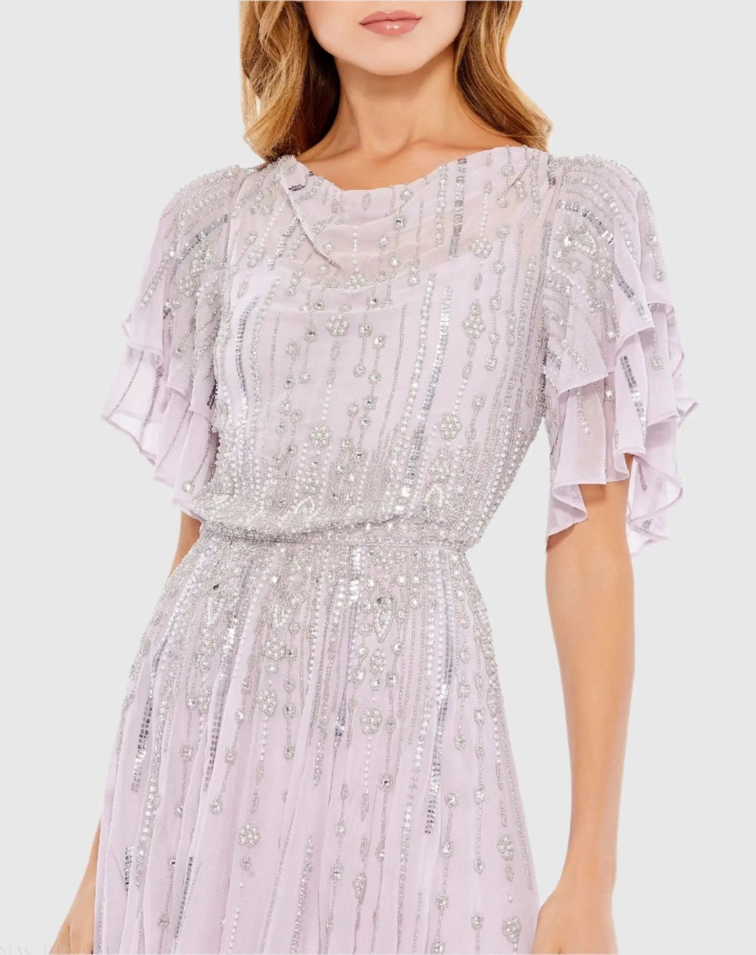 Purple High Neck Embellished Flutter Sleeve Midi Dress - Image 2