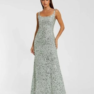 Green Sequined Low Back Slip Gown