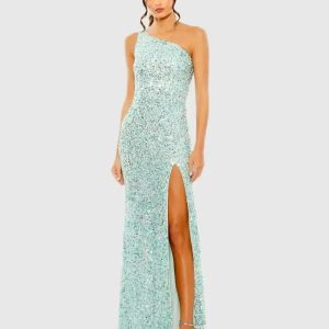 Blue Sequined One Shoulder Gown With Slit