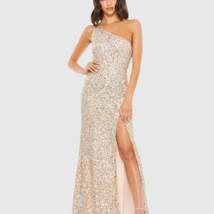 Beige Sequin One Shoulder Gown With Slit