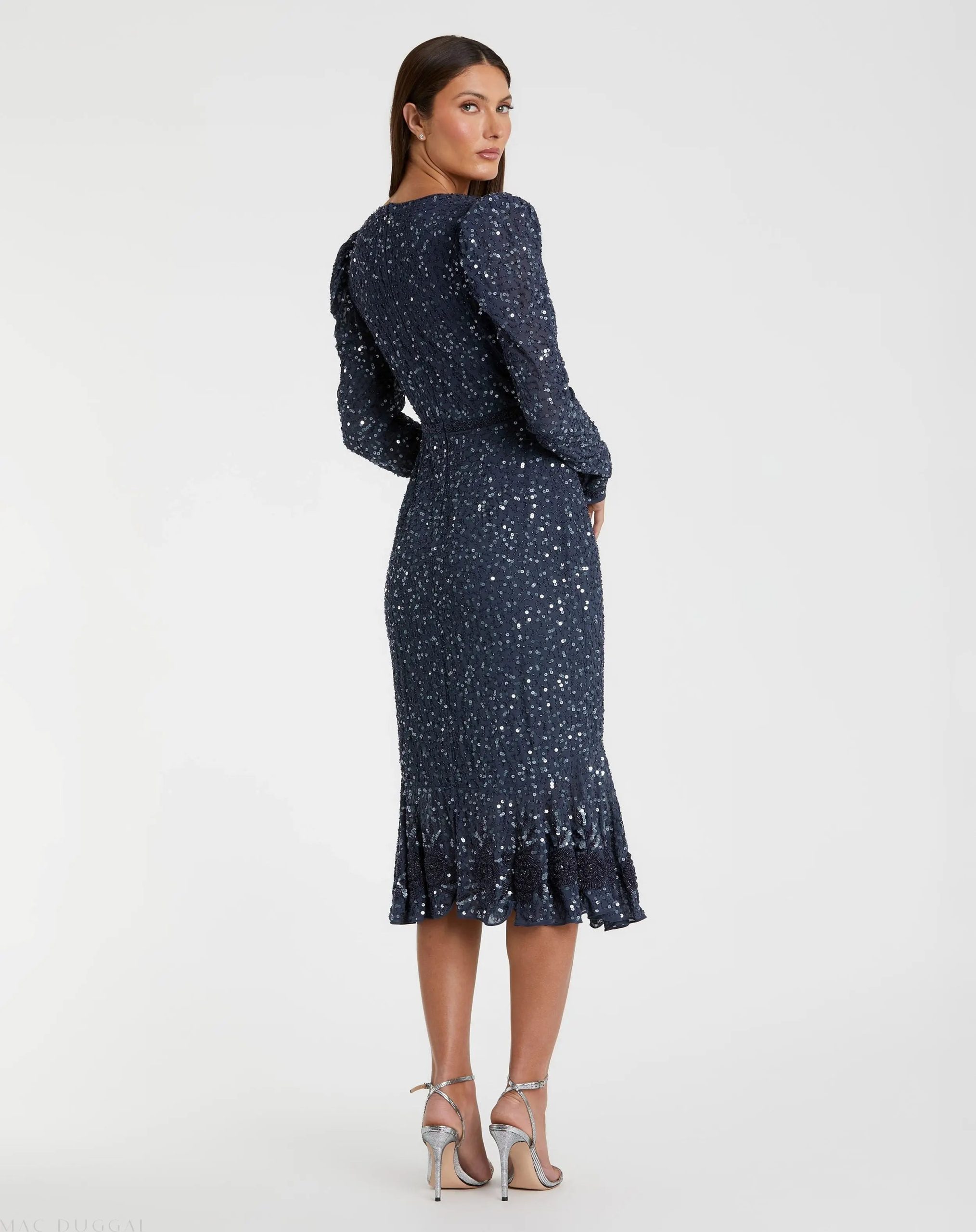 Blue Sequin Dress with Embellished Hemline and Belt - FINAL SALE - Image 3