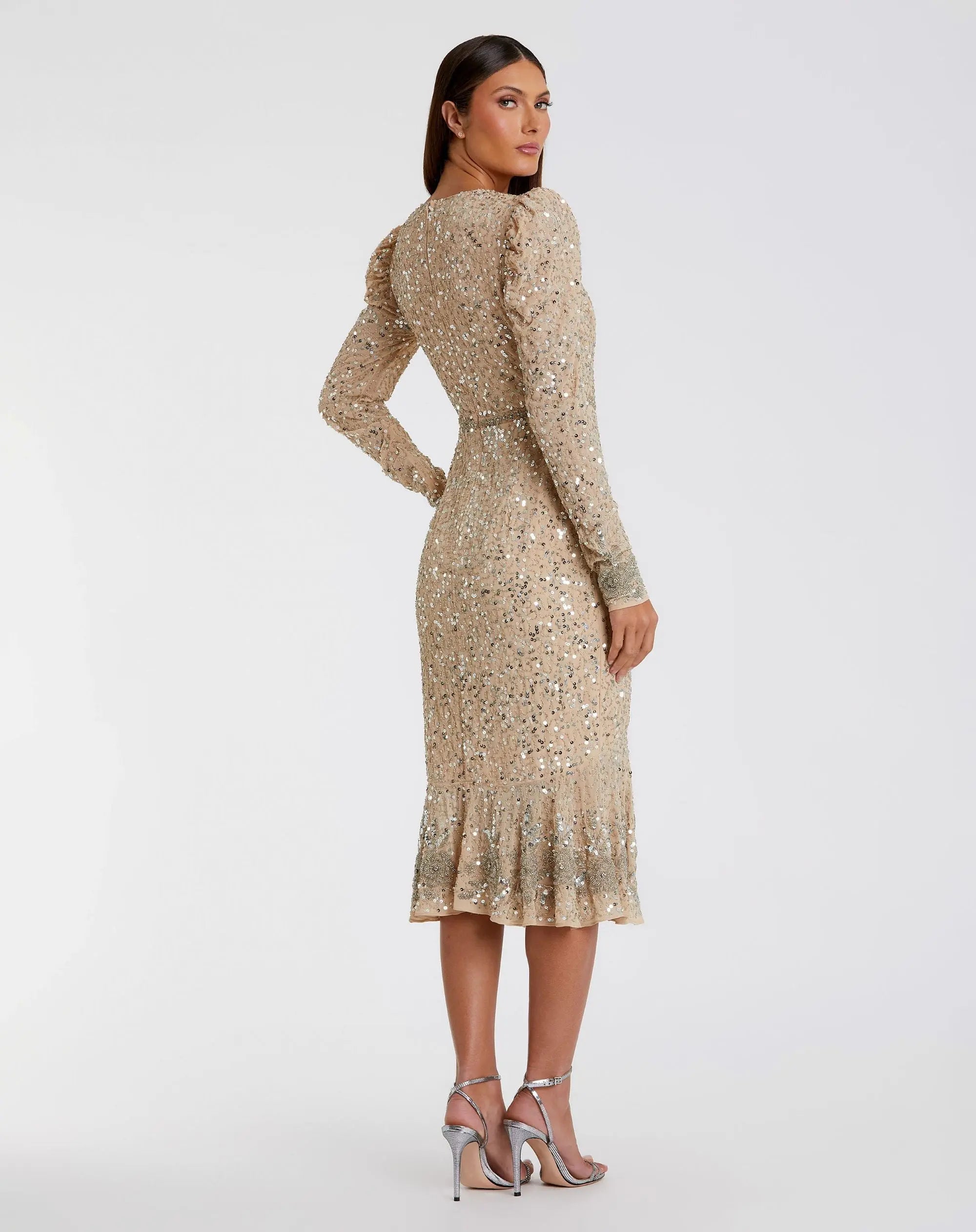 Beige Sequin Dress with Beaded Hemline and Belt - FINAL SALE - Image 3