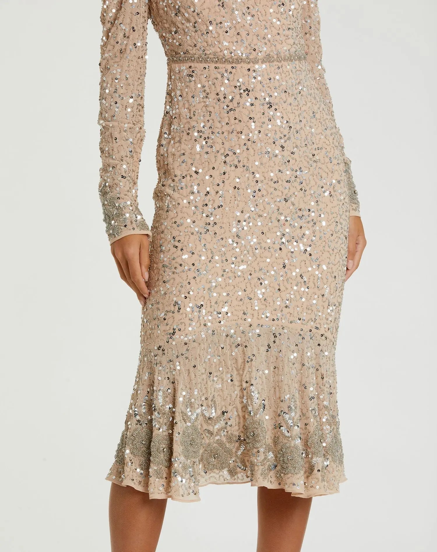 Beige Sequin Dress with Beaded Hemline and Belt - FINAL SALE - Image 2