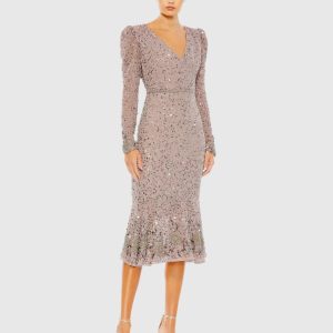 Purple Sequin Dress with Beaded Hemline and Belt
