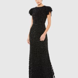 Black High Neck Flutter Cap Sleeve Gown