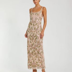 Pink Sleeveless Hand Embellished Floral Maxi Dress