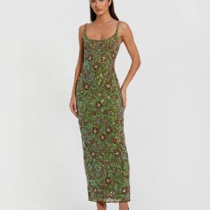 Green Sleeveless Hand Embellished Floral Maxi Dress