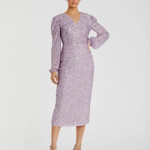 Sequined Illusion Puff Sleeve V Neck Midi Dress