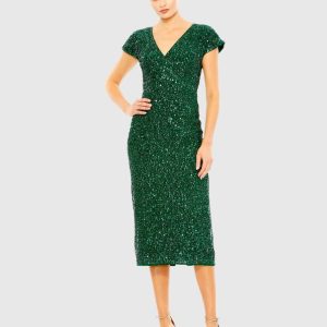 Dark Green Sequined Cap Sleeve Wrap Over Cocktail Dress