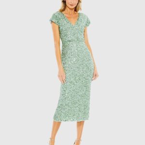 Green Sequined Cap Sleeve Wrap Over Cocktail Dress