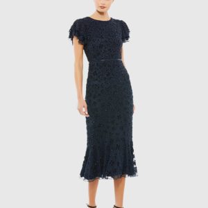 Navy Hand Beaded Flounce Sleeve Midi Dress