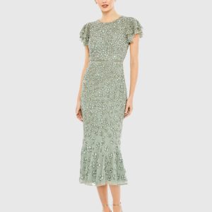 Hand Beaded Flounce Sleeve Midi Dress