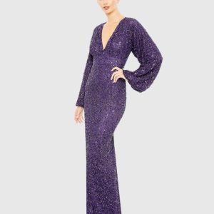 Sequined Puff Sleeve V Neck Gown