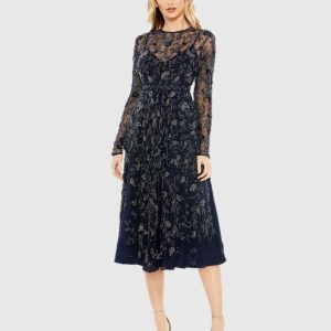 Beaded Illusion High Neck Long Sleeve A Line Gown