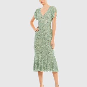 Sequined V Neck Flutter Cap Sleeve Trumpet Dress