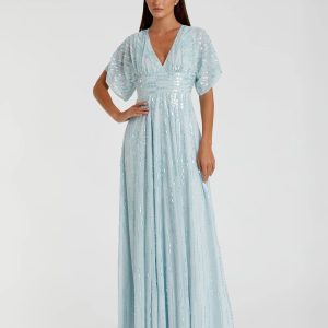 Blue Embellished V Neck Evening Gown
