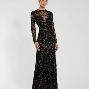 Black Long Sleeve Floral Embellished Gown