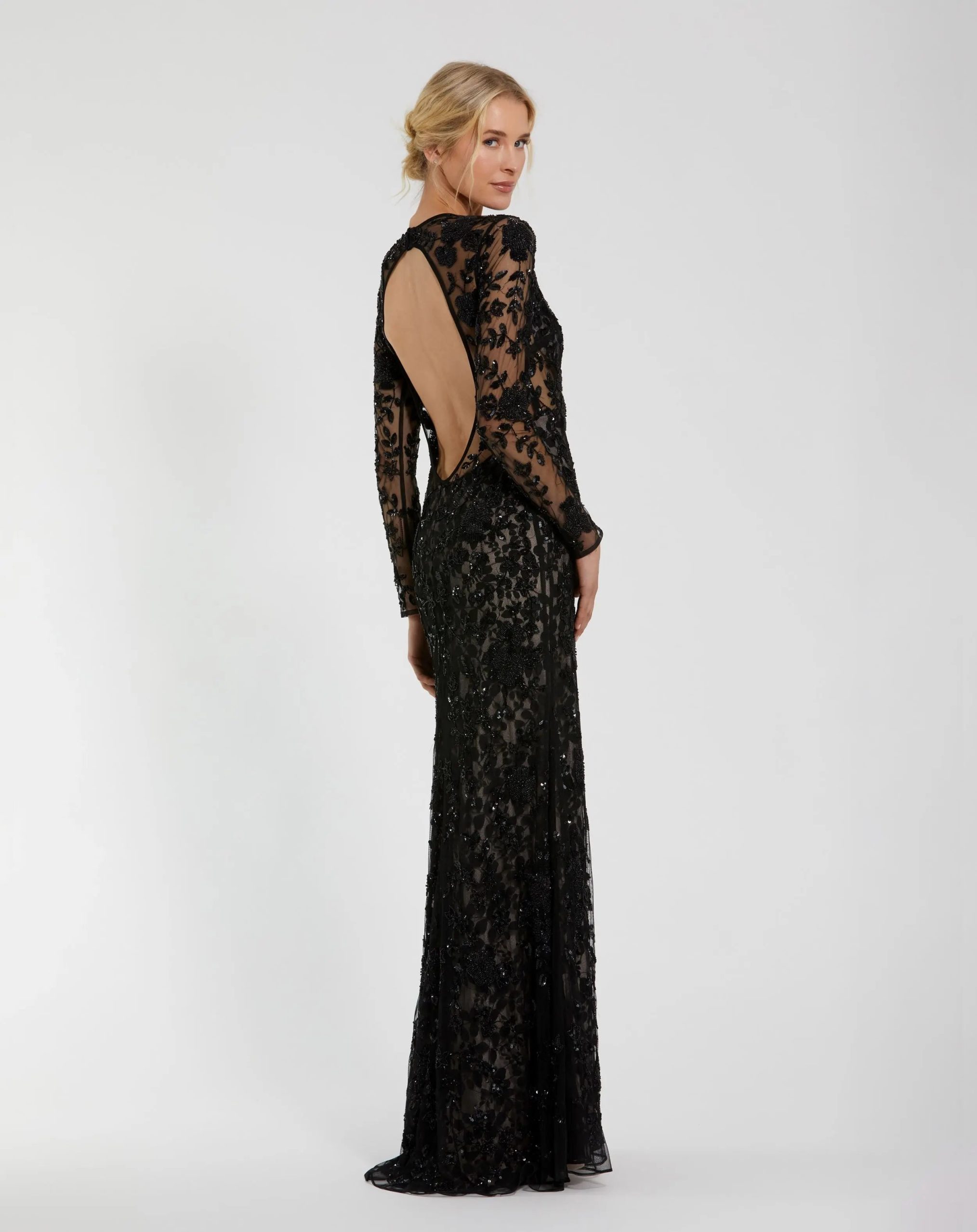 Black Long Sleeve Floral Embellished Gown - Image 2