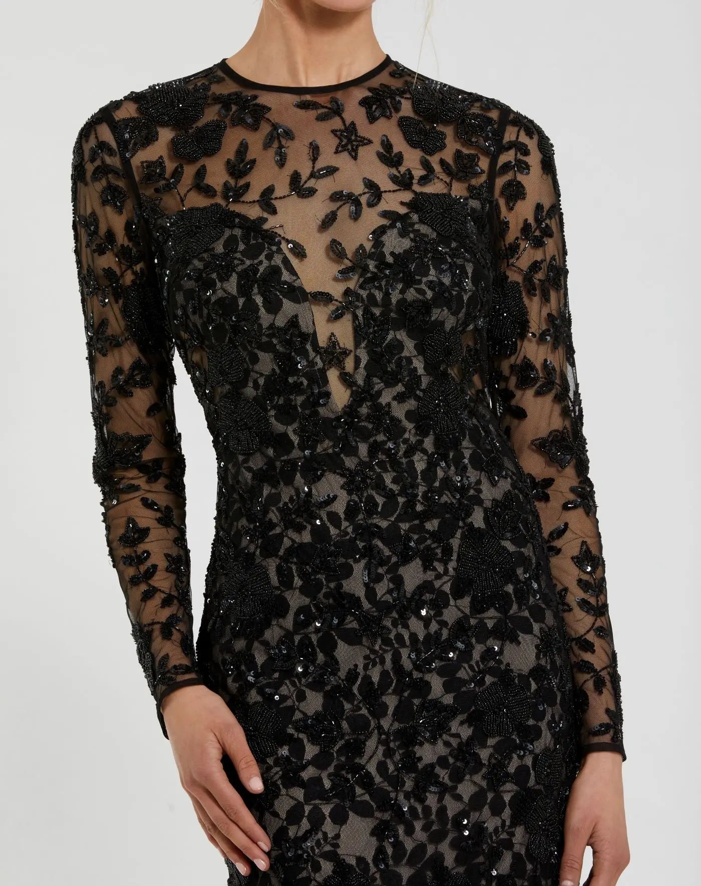 Black Long Sleeve Floral Embellished Gown - Image 3
