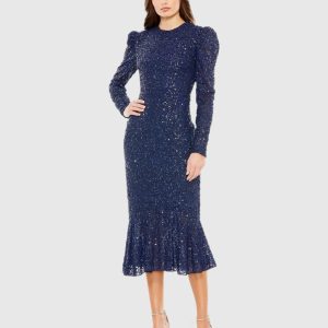 Sequined Long Sleeve High Neck Trumpet Dress