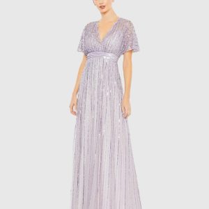 Purple Sequined Butterfly Sleeve Flowy Gown