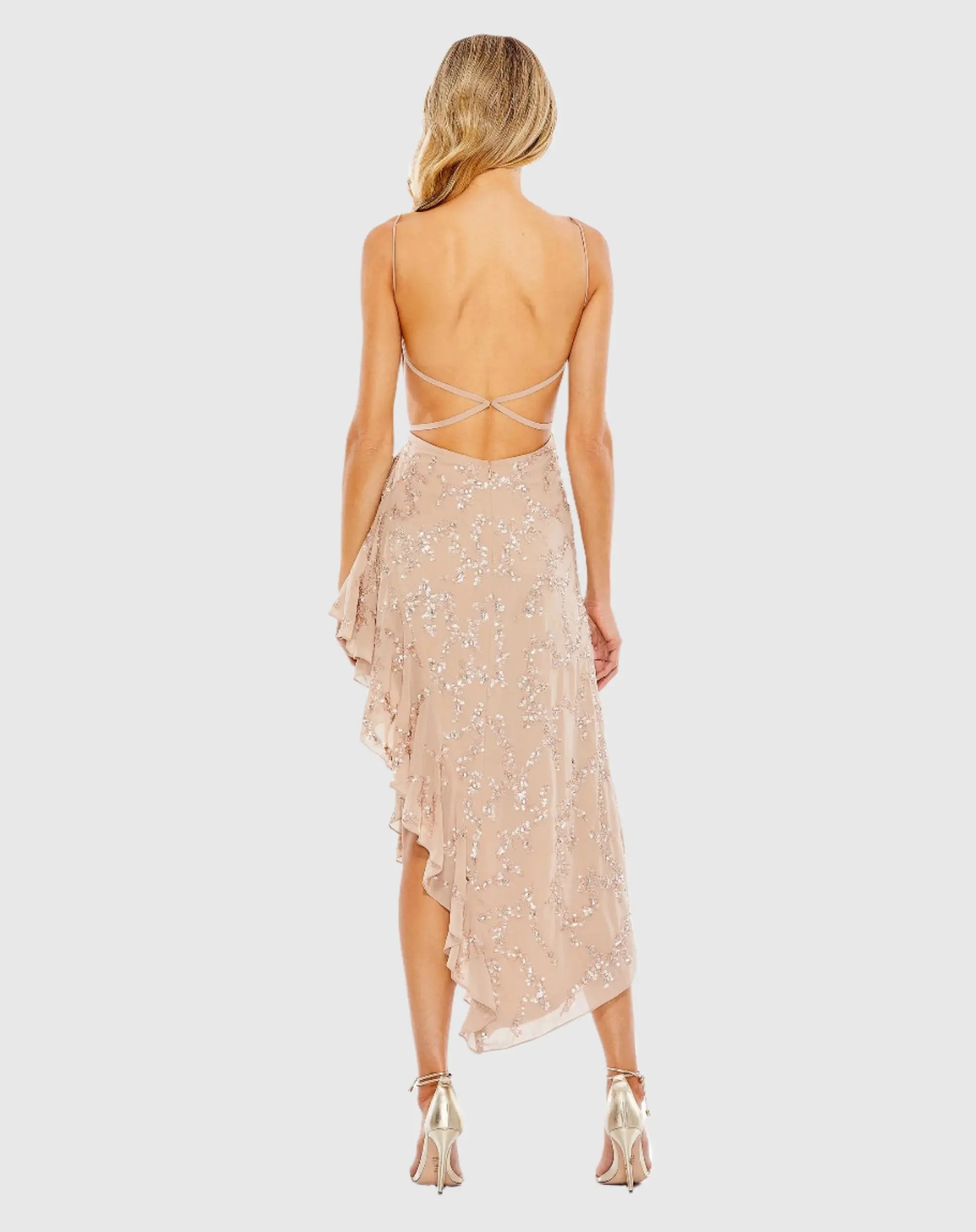 Beige Sequined Faux Wrap Ruffled Asymmetrical Hem Dress - Image 3