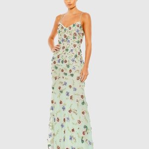 Embellished Spaghetti Strap Lace Up Gown