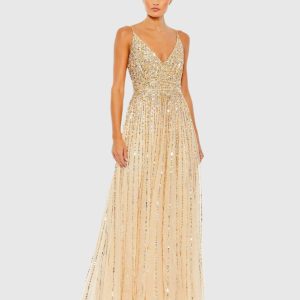 Beige Sequined Sleeveless Wrap Over A Line Gown