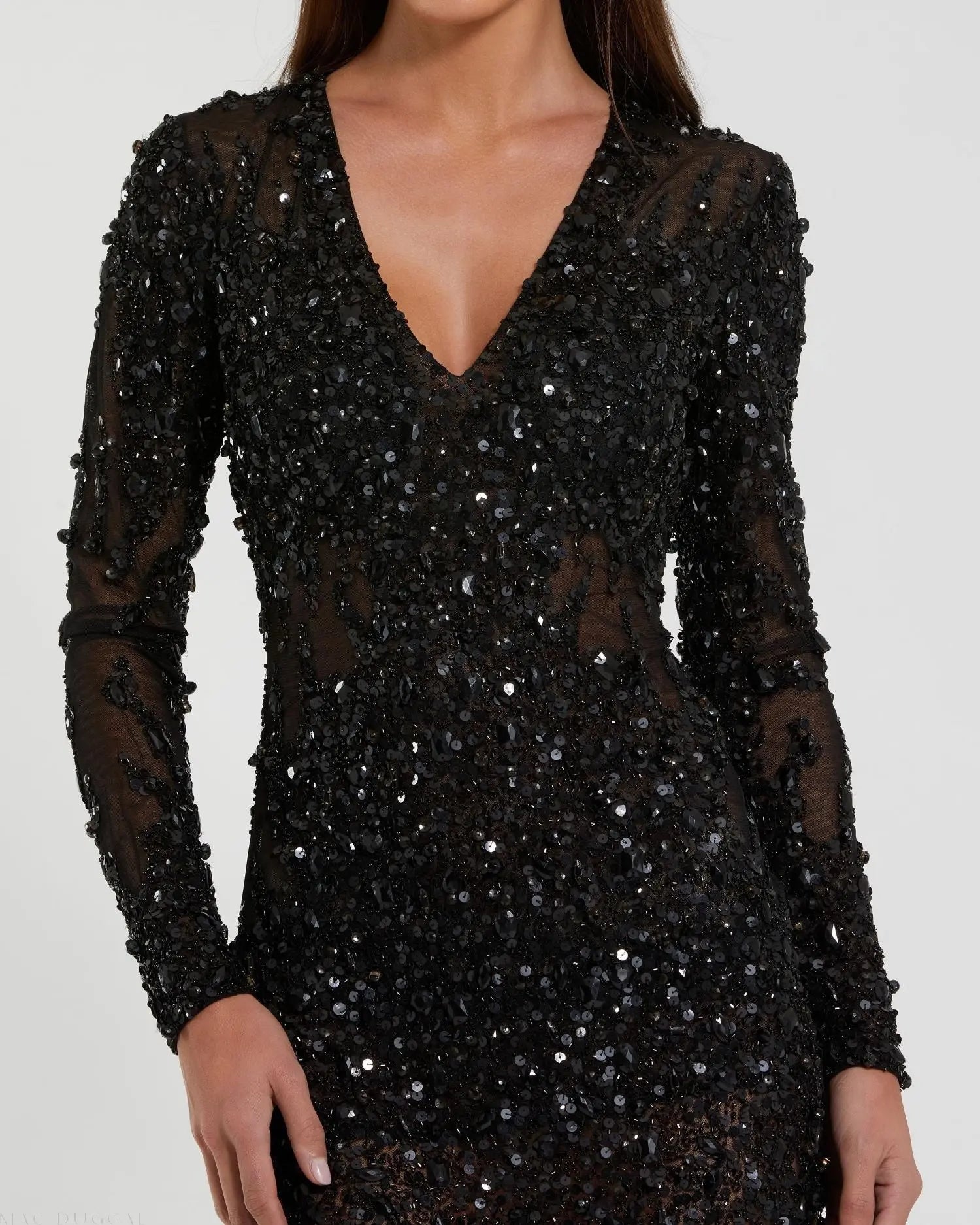 Black Long Sleeve Sheer Embellished Mini Dress - Image 2