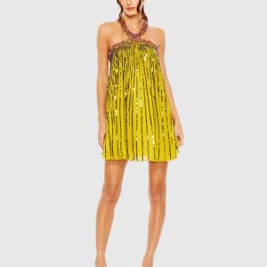 High Neck Open Back Embellished Trapeze Dress